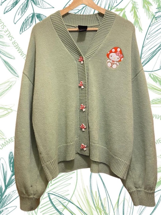Hello Kitty Sweaters - Hello Kitty Sage Green V-Neck Button Cardigan with Mushroom Buttons